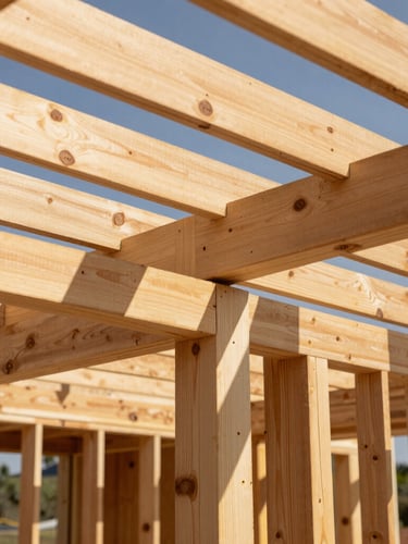 Close-up of structured timber framing of a modern house under construction in Eldoret, bright Kenyan sun casting sharp shadows on graded wood beams