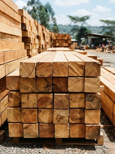 Wide-angle outdoor shot of stacked, clean-cut cypress timber beams in bright daylight at our Eldoret yard, sharp focus on raw wood grain textures