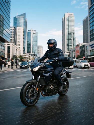 Dynamic low-angle tracking shot of a professional motorcycle courier in clean navy gear riding a modern bike through Istanbul financial district, crisp daylight, high-contrast corporate navy tones, wide-angle motion blur, 35mm