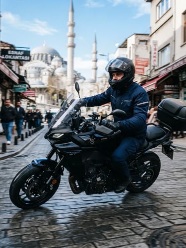Dynamic low-angle tracking shot of a professional motorcycle courier in clean navy gear riding a modern black motorcycle through Istanbul streets, motion blur, crisp daylight.