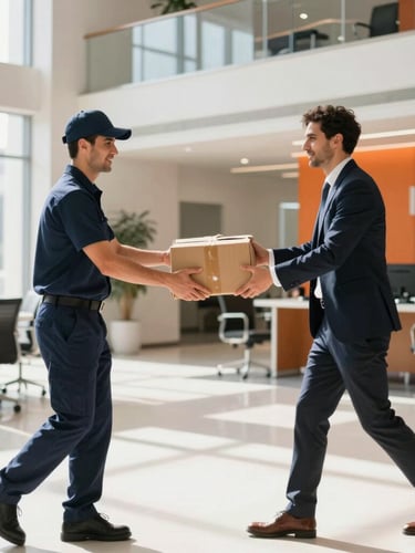 A professional courier in a navy uniform securely handing over a package to a business professional in a modern office lobby in Istanbul, bright daylight, sharp focus, 35mm.