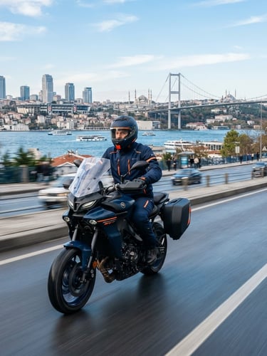 Dynamic editorial photography of a professional motorcycle courier in clean navy blue gear riding a modern motorcycle on a clean street with the modern Istanbul skyline and Bosphorus bridge in the background, crisp daylight, high-contrast corporate navy and orange tones, wide-angle motion blur, 35mm