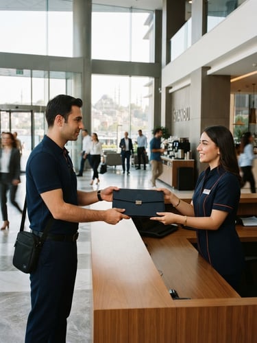 Sleek modern office building lobby in Istanbul, a professional courier in clean navy uniform handing over a secure document folder to a receptionist, warm natural light, 35mm photography
