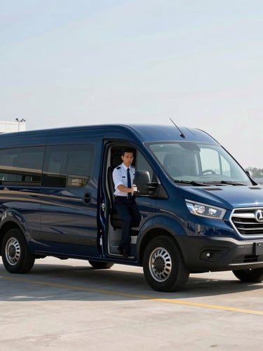 Clean, late-model navy blue shuttle van parked at the Buffalo Airport terminal curbside in crisp morning light, professional driver in uniform opening the door, wide environmental shot, 50mm lens.