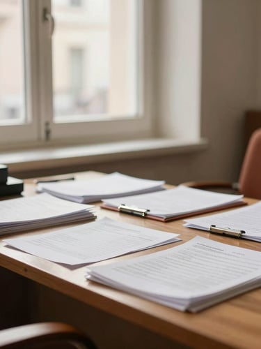 Warm editorial photography of a bright, welcoming Italian accounting office in Sassuolo, soft natural window light, organized physical ledgers on a wooden desk, shallow depth of field, 35mm.