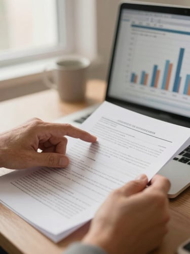 Medium close-up of hands analyzing financial documents alongside a modern screen displaying structured graphs, warm natural light, professional office setting.