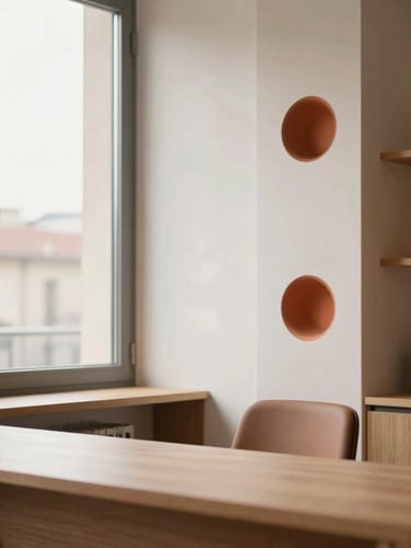 Warm editorial photo of a bright, professional Italian office in Sassuolo, architectural details, soft natural window light, terracotta ceramic accents, 35mm