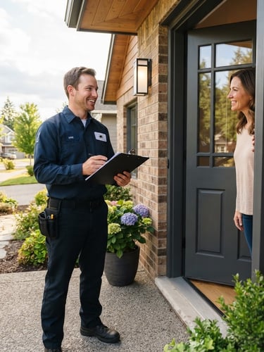 Bright professional photography of a friendly local pest control technician in a clean uniform holding a clipboard, standing at the doorway of a modern suburban home, warm natural daylight, sharp focus, 35mm lens.