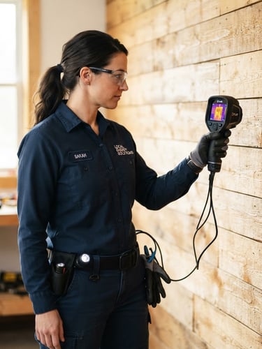 Bright professional photography of a clean local technician in uniform inspecting a bright wooden wall with modern thermal gear, natural daylight, sharp focus, 35mm lens
