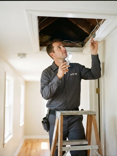 A professional local technician in a clean uniform inspecting an attic entry point with a modern flashlight in bright daylight, 35mm lens