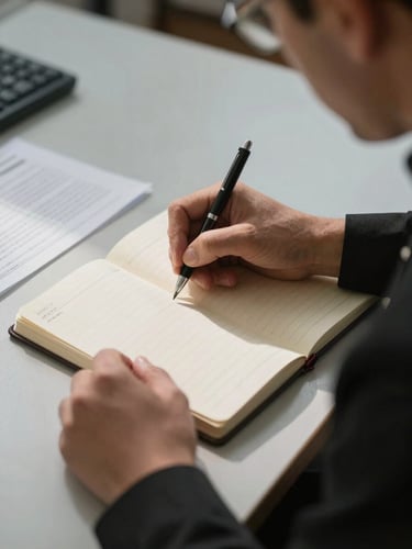 Documentary close-up of a chaplain's hands writing notes in a ruled notebook on a center desk, natural tungsten lamplight from the left, a printed form and pen visible nearby, shallow depth of field, no face shown