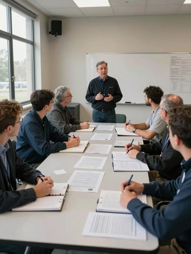 Wide environmental shot of a training workshop in session—six chaplains seated around a rectangular table covered with printed manuals and open notebooks, a facilitator standing at the far end mid-sentence, overcast window light falling across the table from the left, documentary framing showing the full room and a whiteboard partially visible in the background