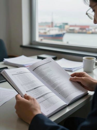 Close environmental shot inside a port chaplaincy office, hands turning pages of a printed field report on a desk, natural overcast daylight through a tall window, papers and a coffee mug visible in the background, documentary framing