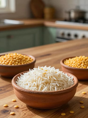 Warm editorial food photography of raw Basmati rice and golden lentils in rustic terracotta bowls on a sunlit wooden kitchen counter, natural morning light, shallow depth of field