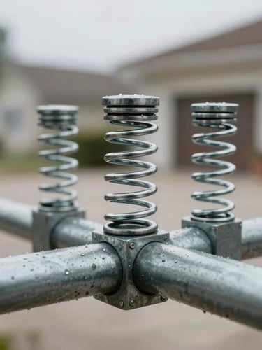 Close-up macro shot of clean heavy-duty steel torsion springs on a residential garage door shaft, natural overcast daylight, sharp focus.