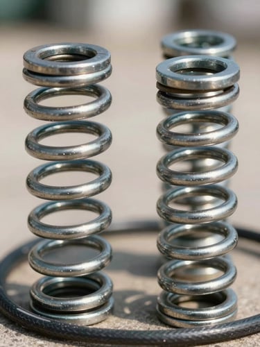Close-up of clean steel torsion springs and heavy-gauge cables in bright, natural daylight. Eye-level, symmetrical framing.