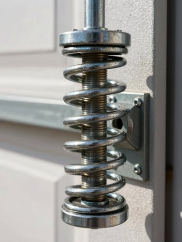 A close-up macro shot of a heavy-duty steel torsion spring newly installed on a residential garage door shaft, clean daylight, sharp focus on mechanical details.