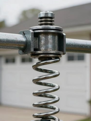 Close-up of a heavy-duty steel torsion spring mounted on a residential garage door shaft, natural overcast daylight, high mechanical clarity.