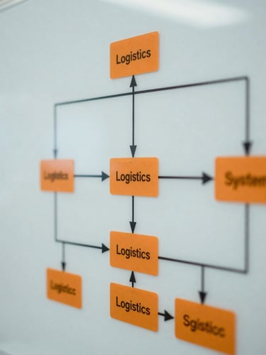 Close-up of a logistics system architecture diagram on a whiteboard, with specific components highlighted in orange, cool studio light, shallow depth of field