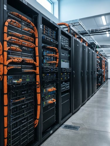 Wide panoramic of a modern data center rack, clean cabling, cool focused studio light, desaturated slate tones with sharp orange accents, shallow depth of field, 50mm, no people.