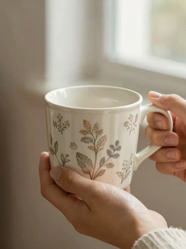 Hands holding a warm ceramic mug with a delicate custom floral print, soft natural window light, cozy domestic setting, shallow depth of field, 35mm