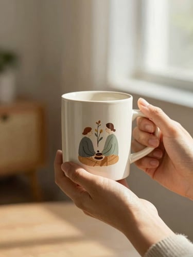 Warm lifestyle photo of hands holding a personalized ceramic mug with a soft printed illustration, cozy domestic morning light, shallow depth of field, 35mm
