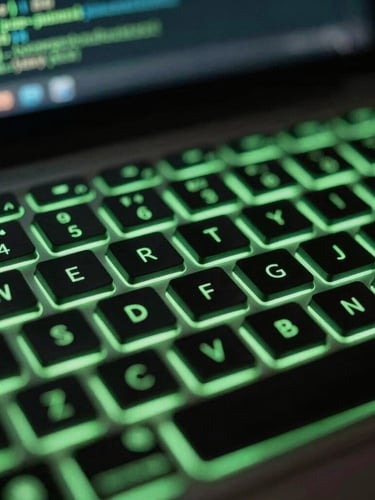 Macro shot of a modern keyboard with neon green backlighting, blurred code on screen, high-contrast, studio lighting, 35mm