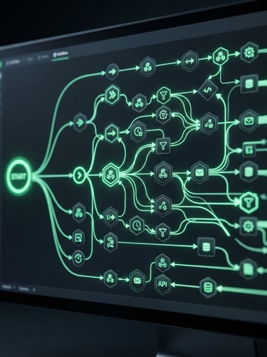 Sleek, dark-mode UI screenshot of an automation workflow diagram with neon green nodes, on a high-resolution monitor, macro shot, cool studio lighting, bleed right