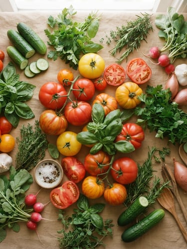 Top-down flat lay of fresh vegetables, ripe tomatoes and green herbs on a warm beige table, bright natural daylight, soft focus.
