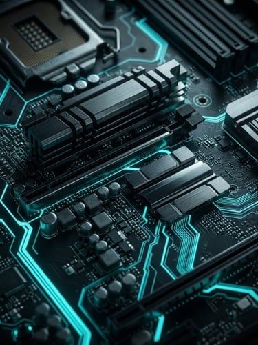 Extreme close-up of a high-performance motherboard with glowing neon cyan traces, metallic heat sinks, sharp dark reflections, macro lens photography
