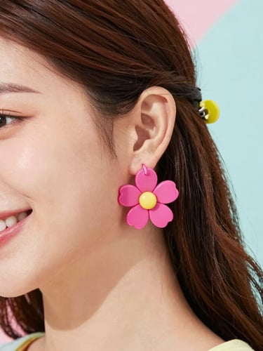 Close-up of a smiling young woman wearing bright pink acrylic flower earrings and a yellow hair claw, colorful pastel background, soft studio light, rich saturated colors