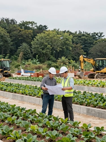 A professional civil engineer in a white hardhat and a horticulturist reviewing blueprint schematics on an active construction site with heavy machinery and green belts in the background.