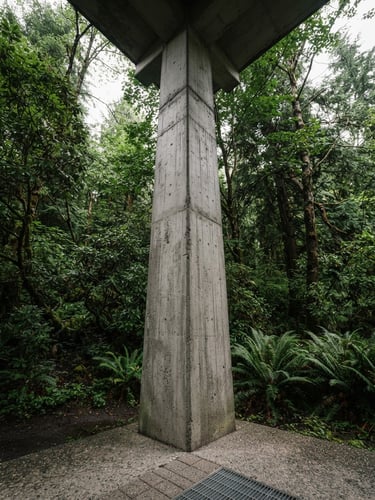 A low-angle crisp architectural shot of a massive concrete structural column surrounded by dense, highly structured forest landscaping, bright overcast daylight, slate grays and deep greens.