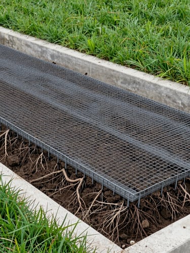 Close-up of structured soil layers and geotextile grid with healthy deep root systems visible, framed by rich green grass and concrete foundation edges, technical detail, bright daylight