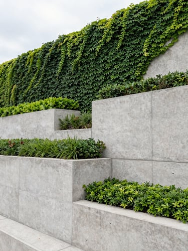 Close-up architectural shot of a massive concrete retaining wall with built-in drainage channels, lush green ivy and structured shrubs growing through engineered gaps, crisp overcast daylight.