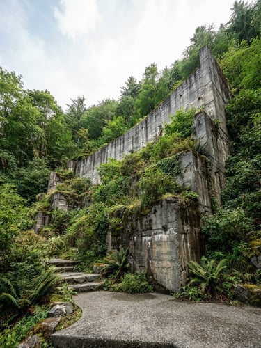Low-angle architectural shot of a massive concrete retaining wall integrated with deep-rooted structural vegetation, bright daylight, rich forest greens and slate grays.