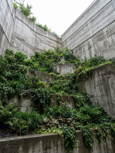Low-angle architectural shot of a massive concrete retaining wall integrated with tiered lush green planting beds, rich forest green foliage cascading over raw gray concrete, crisp daylight
