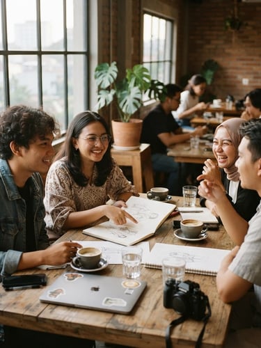 Candid shot of young Indonesian creatives collaborating around a wooden table in a minimalist Bandung cafe, soft warm window lighting, shallow depth of field, 35mm