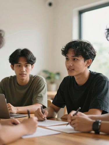 Candid close-up of young Indonesian creative professionals discussing a project around a wooden table in a warm, minimalist room, soft window light, shallow depth of field