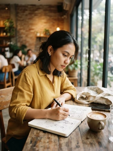 Candid medium shot of a young Indonesian designer sketching ideas in a notebook, soft warm window light, modern minimalist cafe interior, shallow depth of field, 35mm