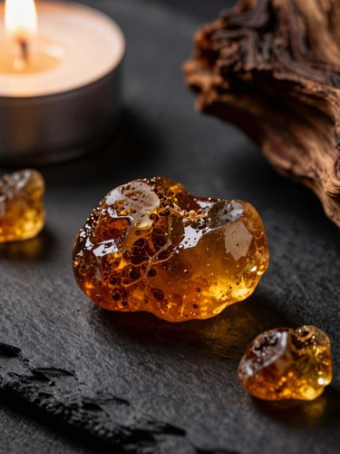 Extreme close-up of raw amber resin blocks and aged oud wood on a dark slate surface, dramatic candlelight, rich textures, low-key luxurious photography
