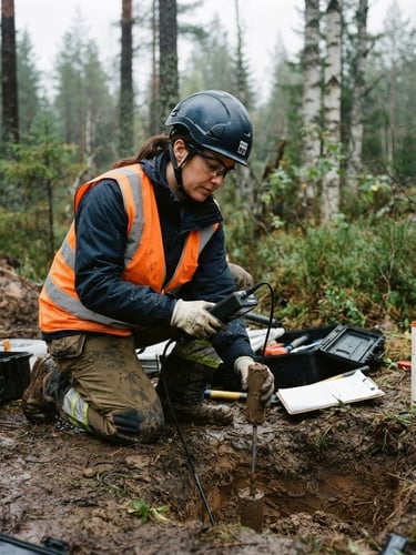 Documentary environmental engineering, professional consultant in high-visibility gear measuring soil on site, crisp overcast daylight, muted forest greens and slate tones, 35mm