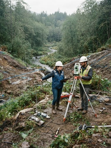 Land surveyors using a total station and digital mapping to analyze a forested river valley.