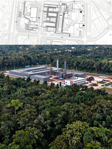 Wide environmental shot of an industrial development site bordered by dense forest, topographical planning overlay, natural overcast daylight, 35mm