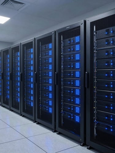 Wide shot of a modern technical control room with server racks and blue LED indicators, professional clean atmosphere, cool metallic lighting, high contrast.