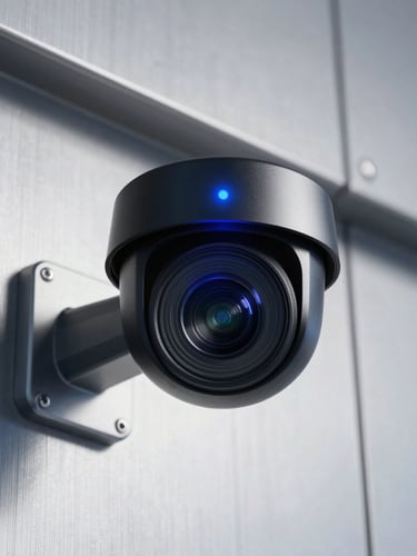 Close-up of a high-tech security camera with a blue status LED, mounted on a metallic silver wall under sharp high-contrast daylight, 50mm lens