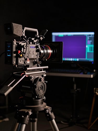 Wide cinematic frame looking into a professional film studio from the side — a cinema camera on a heavy-duty rig dominates the left third, a color-grade monitor glowing with deep violet and teal tones visible in the background, dramatic high-contrast rim lighting carving the equipment out of near-total darkness, no people visible, rich shadow detail, 16:9 aspect