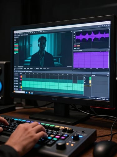Extreme close-up of a cinema color-grading monitor in a near-dark editing suite, a richly graded corporate commercial frame glowing on screen — deep teal shadows, electric violet highlights visible in the waveform panel to the right, a colorist's hand resting on a grading panel trackball in the foreground, high-contrast studio lighting, 16:9 cinematic widescreen