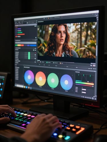 Extreme close-up of a professional color grading monitor displaying a richly graded cinematic frame, color wheels and scopes partially visible in the foreground, hands resting on a color grading panel with illuminated trackballs, deep studio darkness surrounding the monitor, high-contrast directional light on the equipment only