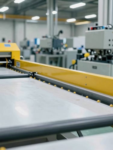 Wide environmental shot of an advanced optical sorting line in a clean, well-lit industrial materials recovery plant, high-contrast shadows, safety yellow machinery accents, cool crisp warehouse lighting.